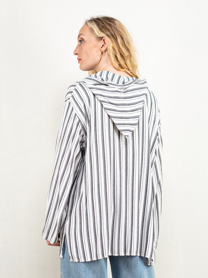 Hooded Striped Shirt women pullover long sleeve white and black stripes shirt cotton blend hoodie ethnic traditional shirt size extra large