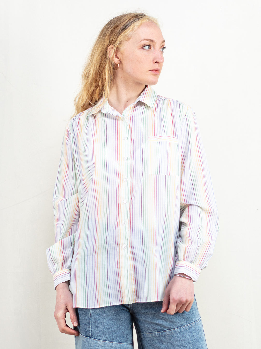 Striped Women Shirt casual vintage 90s shirt collared rainbow stripes summer light shirt white formal shirt patterned blouse size large