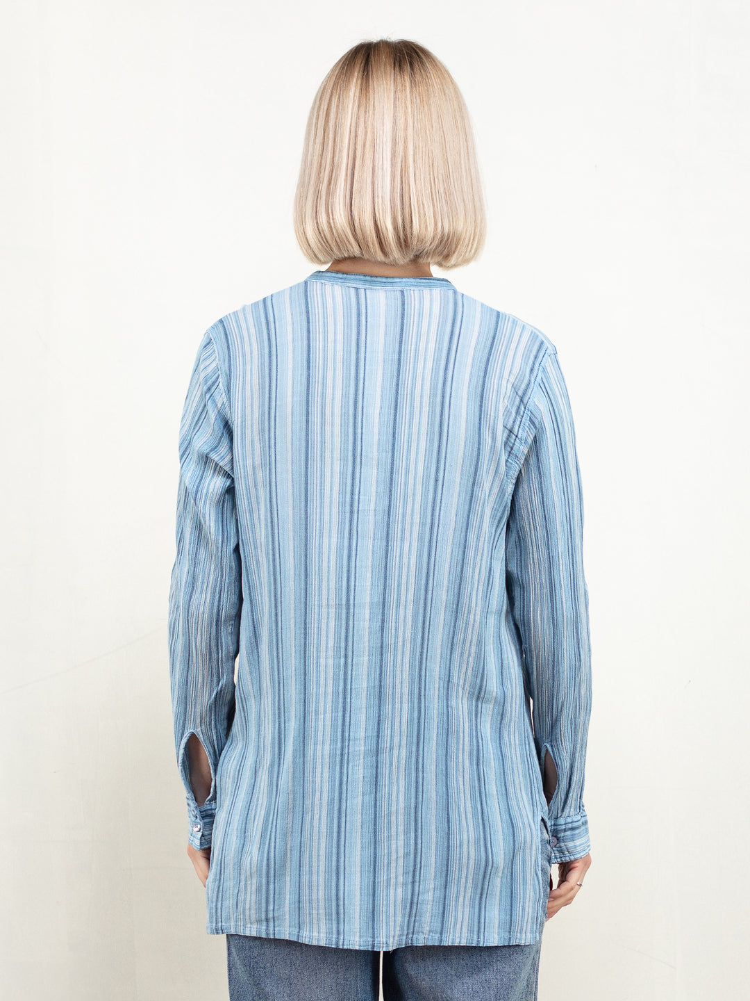 Striped Smock Shirt blue women pullover shirt collarless cotton artist minimalist women shirt 80s vintage clothing size medium