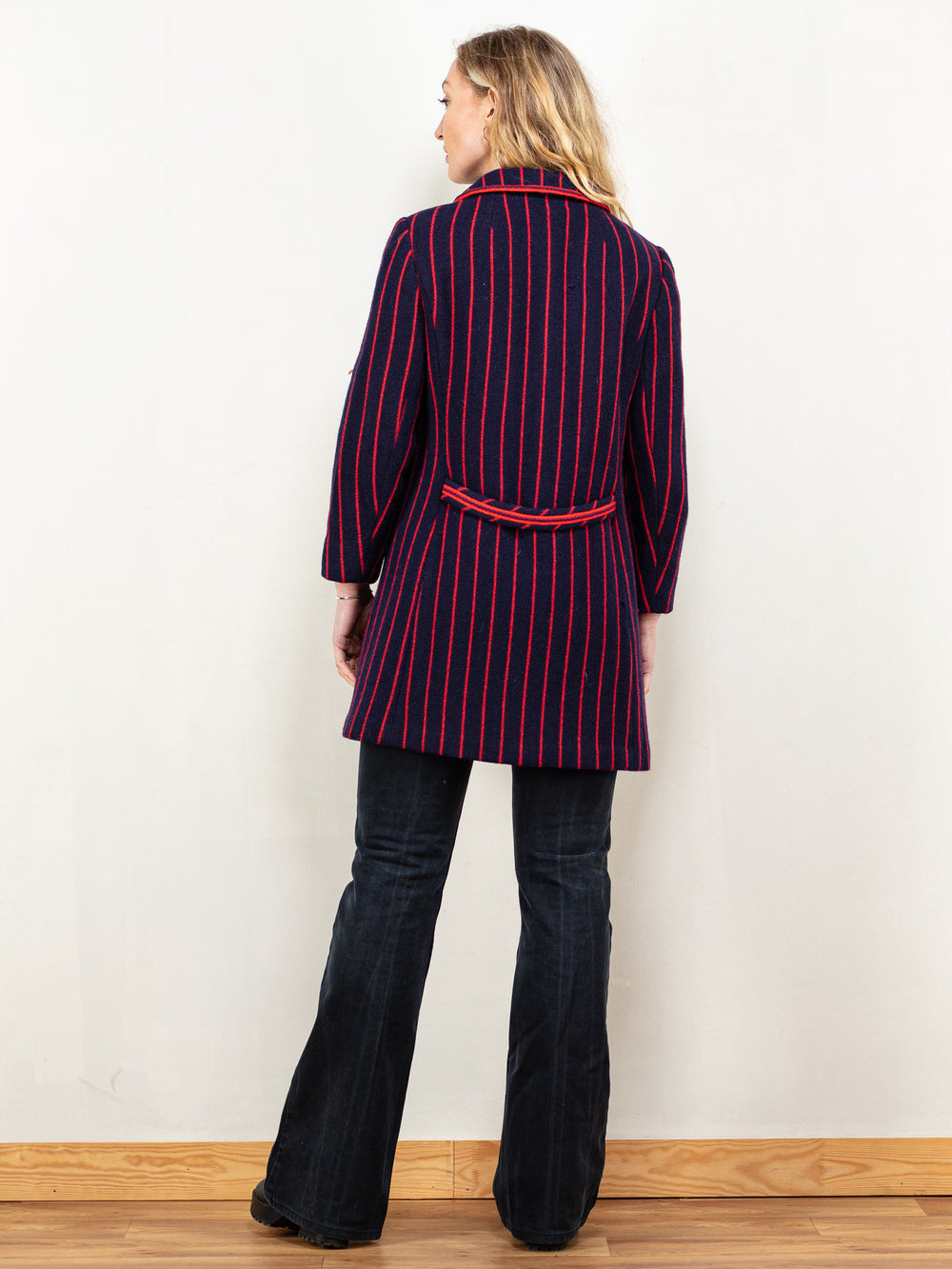 Vintage 60's Women Striped Wool Coat in Blue and Red - NorthernGrip