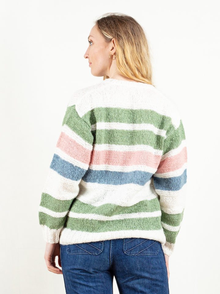 Striped Knit Sweater vintage 90s wool blend pullover ski sweater v-neckline sweater oversized women jumper knitted pulli size medium