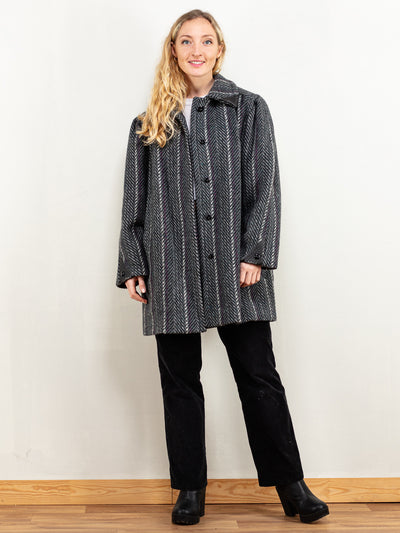 Women Wool Coat vintage 80's striped wool blend winter overcoat everyday boho style sustainable fashion long wool coat size extra large XL
