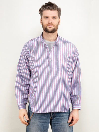 Men Smock Shirt chore vintage striped henley button collarless cotton shirt peasant farmer work shirt striped 90s shirt size large 