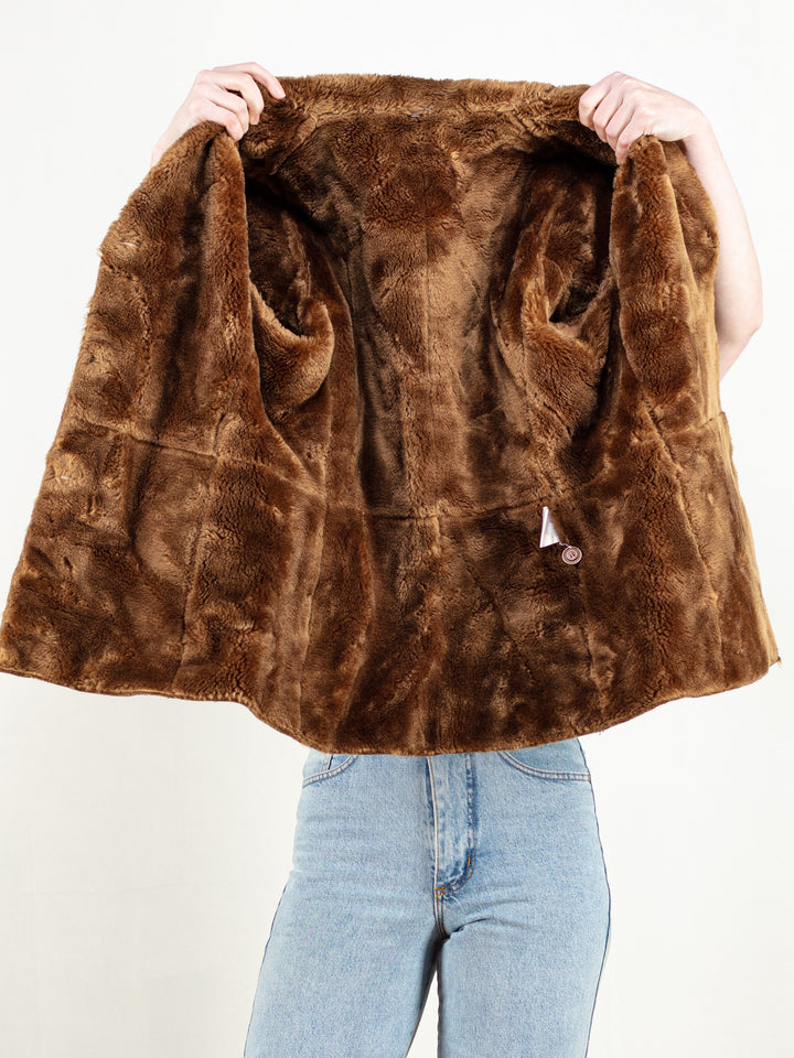 Brown Sherpa Jacket vintage 70s women suede winter outerwear sheepskin retro coat 70s vintage clothing size medium