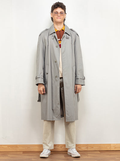 Trench Coat Men vintage 70's grey longline overcoat belted lined minimalist button up autumn winter sleek mac coat raglan sleeve size large