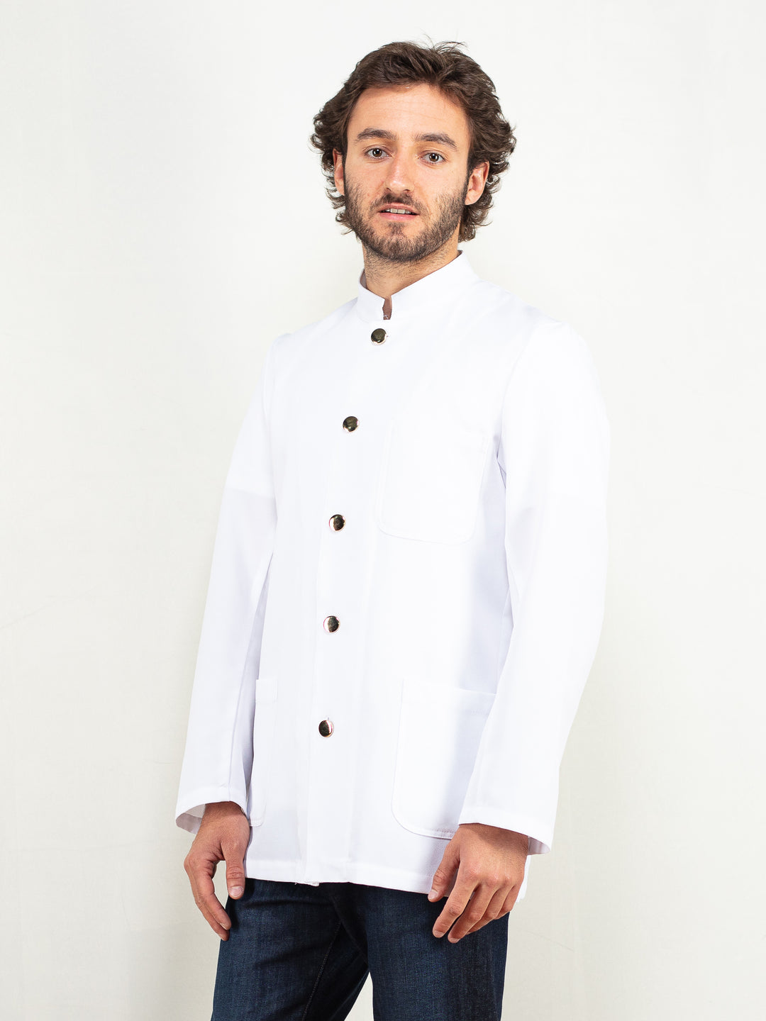 Men White Jacket crisp white light jacket band collar long sleeve golden button jacket cabin crew style jacket minimalist size medium