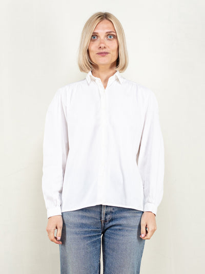Women White Blouse 70s ribbed texture long sleeve shirt cut out lace collar minimalist blouse cotton blend 70s white boho blouse size medium