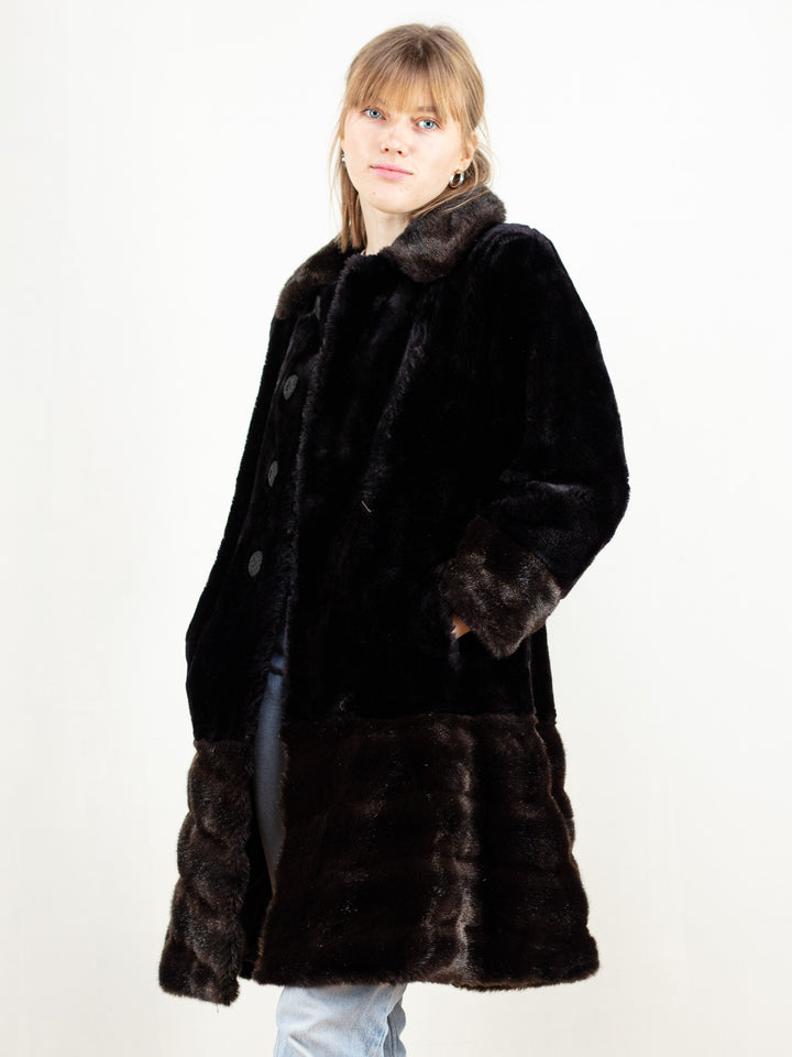  Faux Fur Coat women vintage black coat vegan fur coat oversized 80s coat retro opera coat fancy winter outerwear vintage clothing size small 