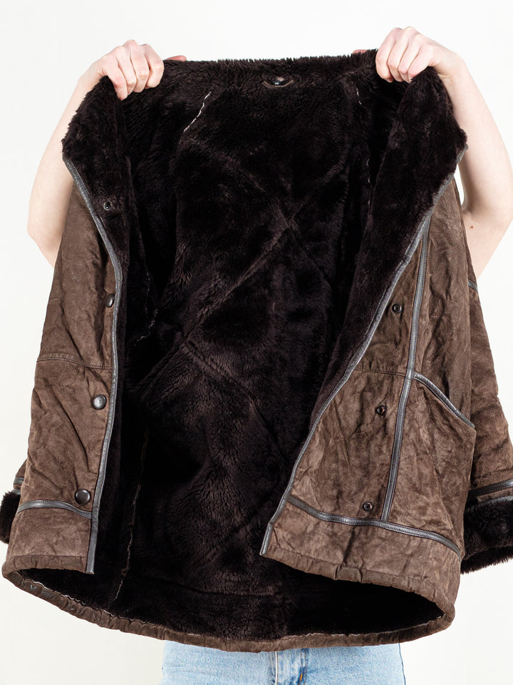 Brown Sheepskin Coat Women vintage 70s suede coat sherpa long coat women winter outerwear women coat vintage clothing size xl