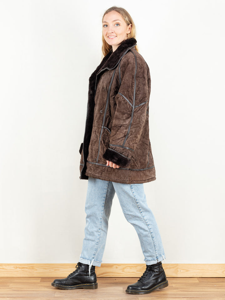 Brown Sheepskin Coat Women vintage 70s suede coat sherpa long coat women winter outerwear women coat vintage clothing size xl