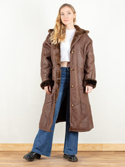 Hooded Sheepskin Coat vintage 70s leather coat shearling long coat women brown winter outerwear women 70s coat vintage clothing size large