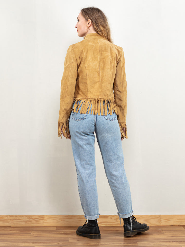 Fringe Suede Jacket vintage 90s cowgirl western jacket fringed jacket cropped leather jacket brown spring outerwear size extra small XS 