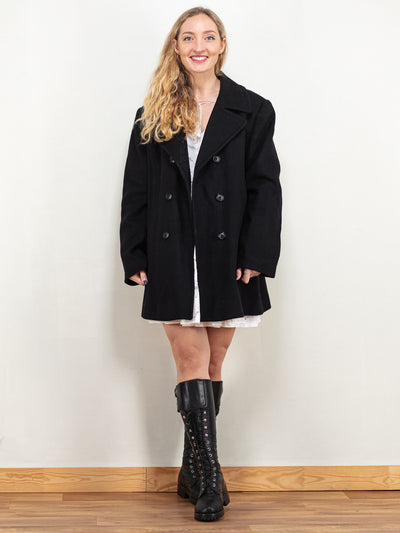 Black Wool Peacoat vintage women 90's classic winter wool coat double breasted button overcoat minimalist black short coat size large