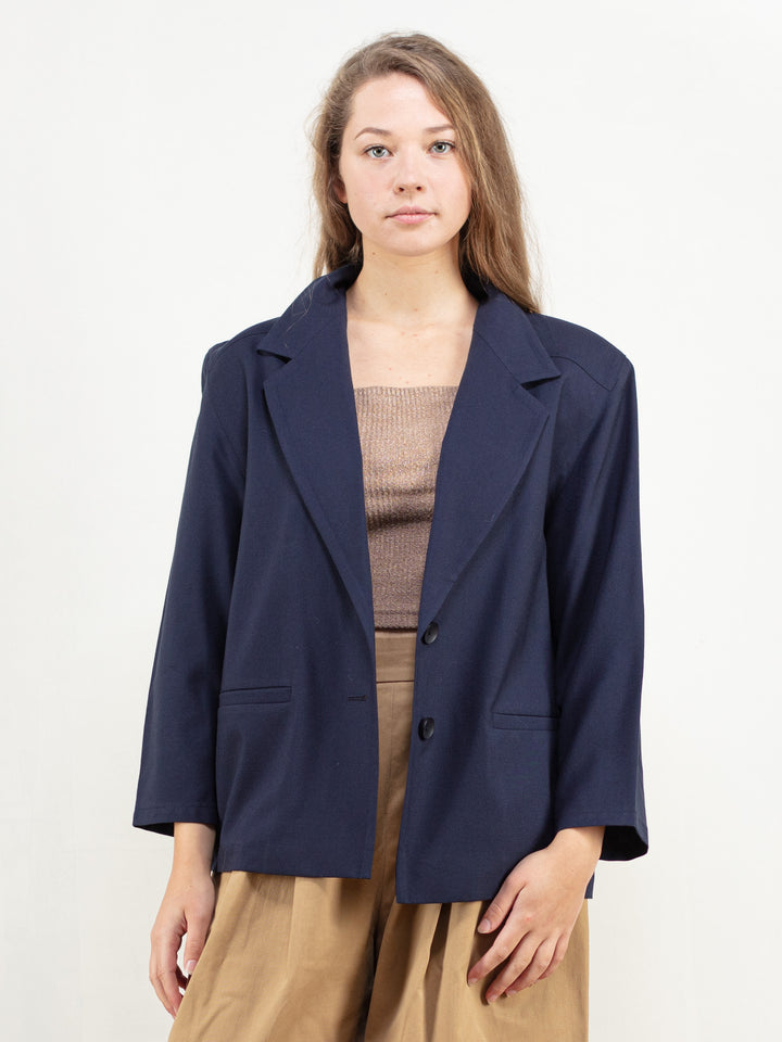 Navy Wool Blazer vintage navy blue blazer jacket simple minimalist smart casual formal jacket women suit jacket vintage clothing size medium