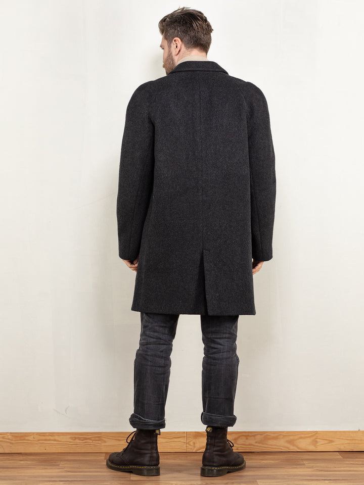 Wool Coat Men 80s black wool blend midi long coat minimalist style preppy coat sleek men sustainable vintage clothing size medium M