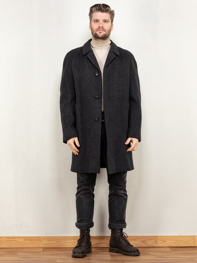 Wool Coat Men 80s black wool blend midi long coat minimalist style preppy coat sleek men sustainable vintage clothing size medium M