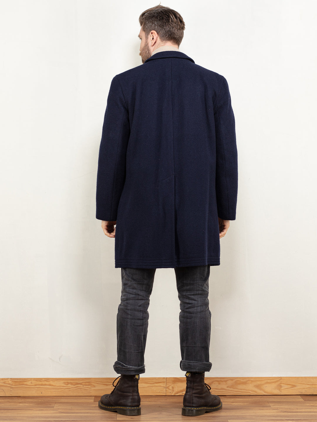 Men Wool Coat 90s navy wool blend midi long coat minimalist style preppy coat sleek mens sustainable vintage clothing size medium M