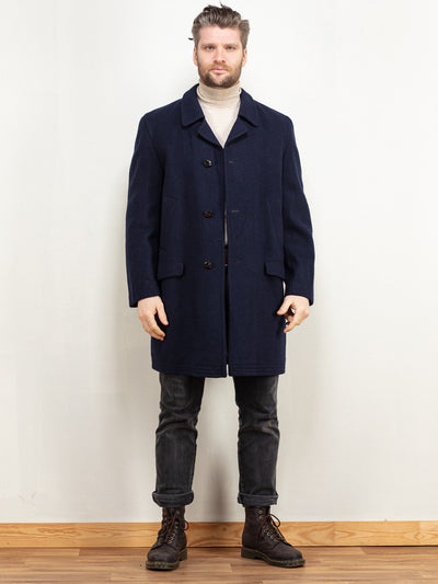Men Wool Coat 90s navy wool blend midi long coat minimalist style preppy coat sleek mens sustainable vintage clothing size medium M