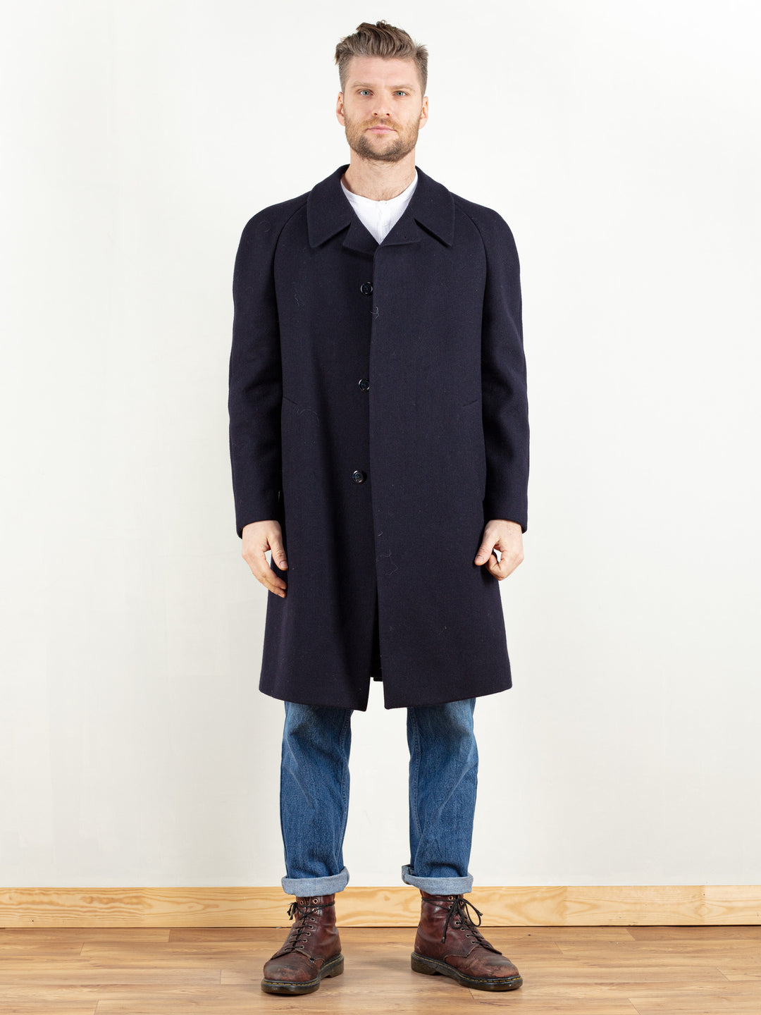 Navy Blue Wool Coat bold casual vintage 80s classic men winter overcoat mac coat warm coat men retro coat size medium