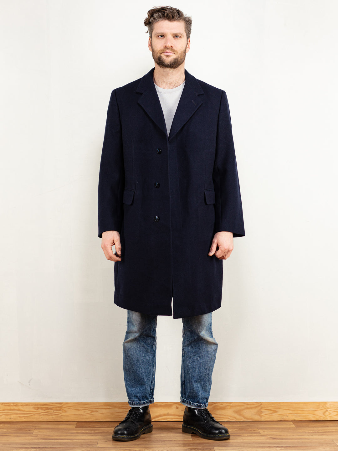Wool Coat Men 70s navy blue pure new wool men minimalist style coat sustainable outerwear classic menswear size large
