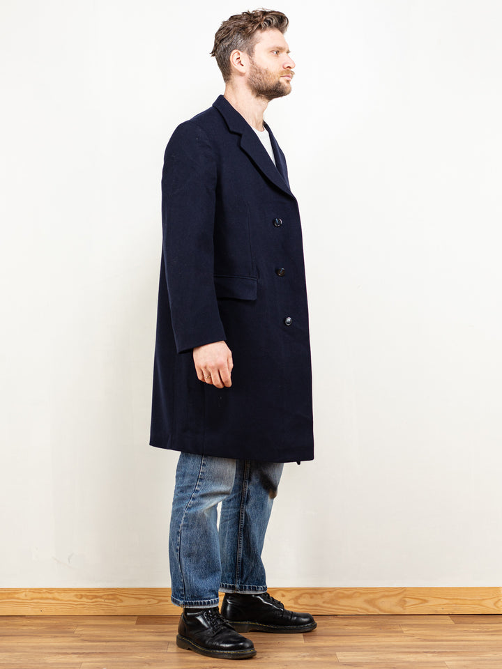 Wool Coat Men 70s navy blue pure new wool men minimalist style coat sustainable outerwear classic menswear size large