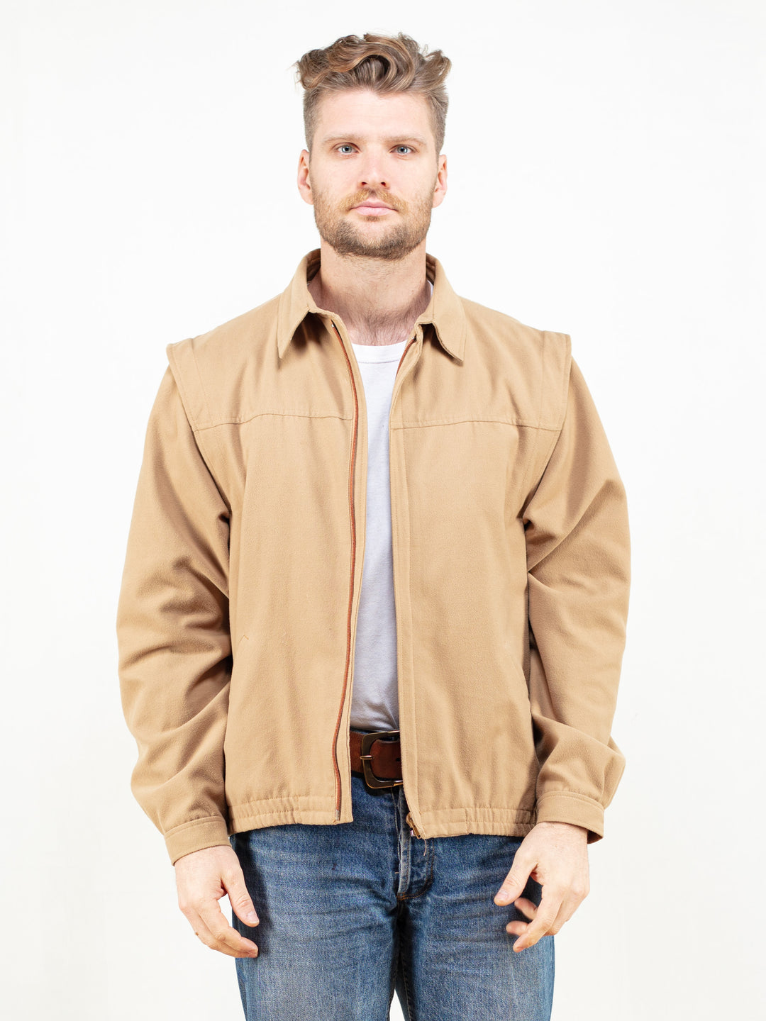 Beige Wool Jacket vintage 80s zip up autumn jacket brown overshirt grandpa jacket winter men clothing boyfriend gift size large