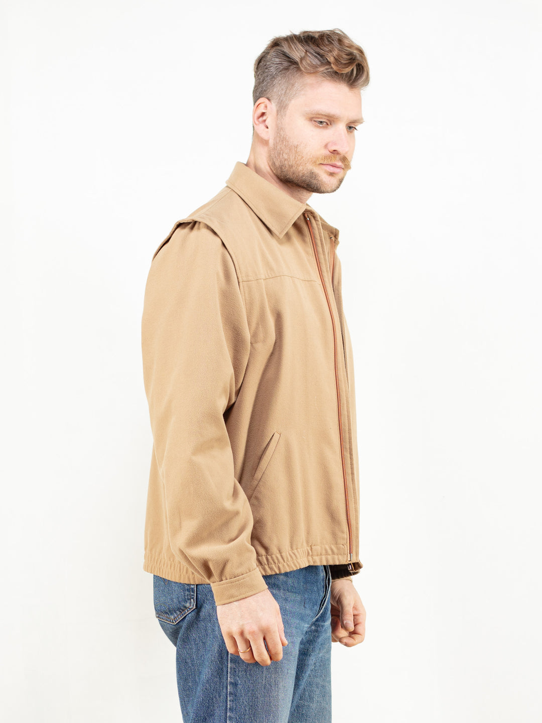 Beige Wool Jacket vintage 80s zip up autumn jacket brown overshirt grandpa jacket winter men clothing boyfriend gift size large