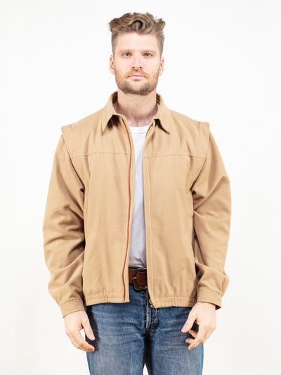 Beige Wool Jacket vintage 80s zip up autumn jacket brown overshirt grandpa jacket winter men clothing boyfriend gift size large