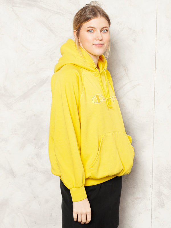 Yellow CHAMPION Sweatshirt Vintage 90's Hooded Women Pullover Cotton Blend Hoodie Cozy Home Sweatshirt Women Clothing size Extra Large XL