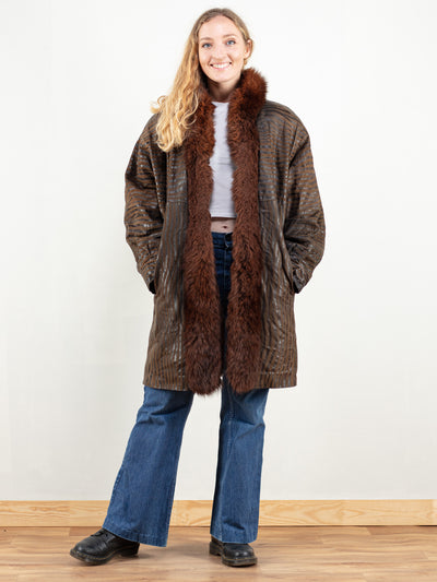 Suede Fur Coat 90s fur lined zebra pattern suede coat oversized coat fur coat winter outerwear coat women vintage clothing size extra large
