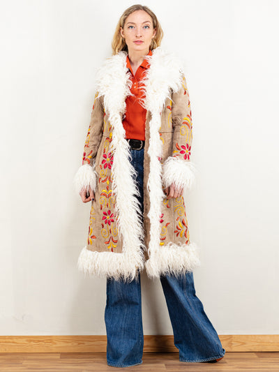 Afghan Coat Vintage style sheepskin shearling penny lane almost famous boho hippie psychedelic funky swinging london embroidery size small