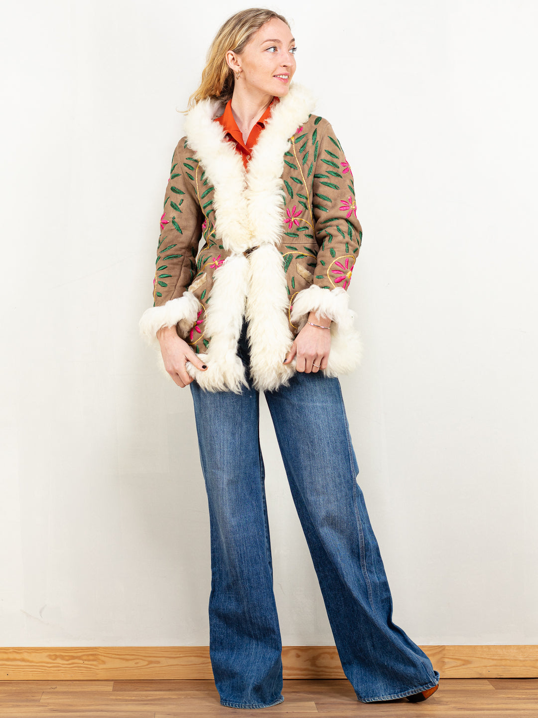Afghan Coat Vintage style sheepskin shearling penny lane almost famous boho hippie psychedelic funky swinging london embroidery size medium