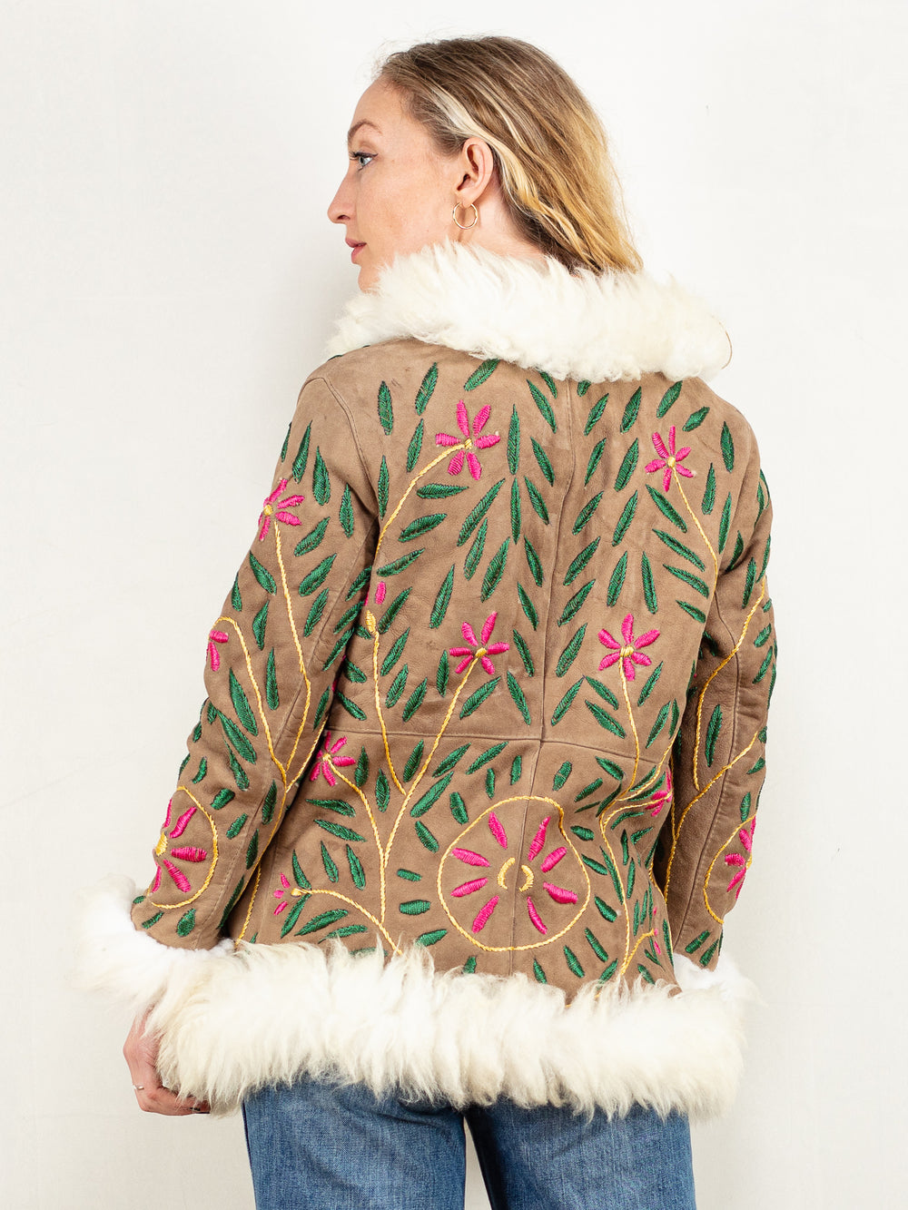 Women Vintage Style Floral Embroidery Afghan Coat in Beige - NorthernGrip