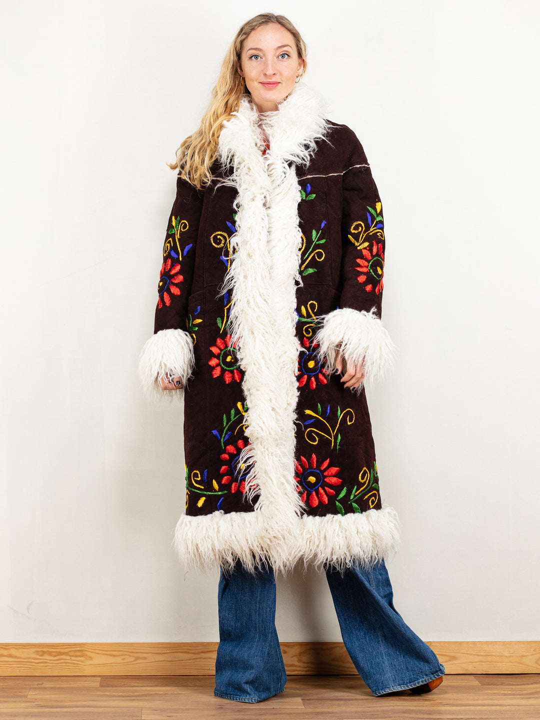 Vintage Style Afghan coat women sheepskin shearling penny lane almost famous boho hippie psychedelic swinging london embroidery size large