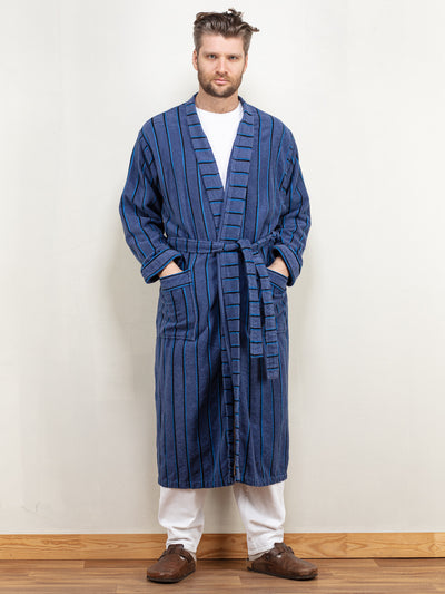 Men Dressing Gown vintage 00's morning robe bathrobe navy terry cotton wrap belted hugh hefner gift for him birthday size extra large XL
