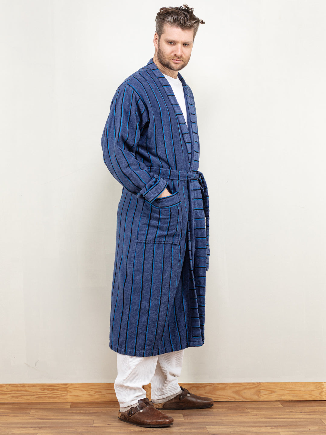 Men Dressing Gown vintage 00's morning robe bathrobe navy terry cotton wrap belted hugh hefner gift for him birthday size extra large XL