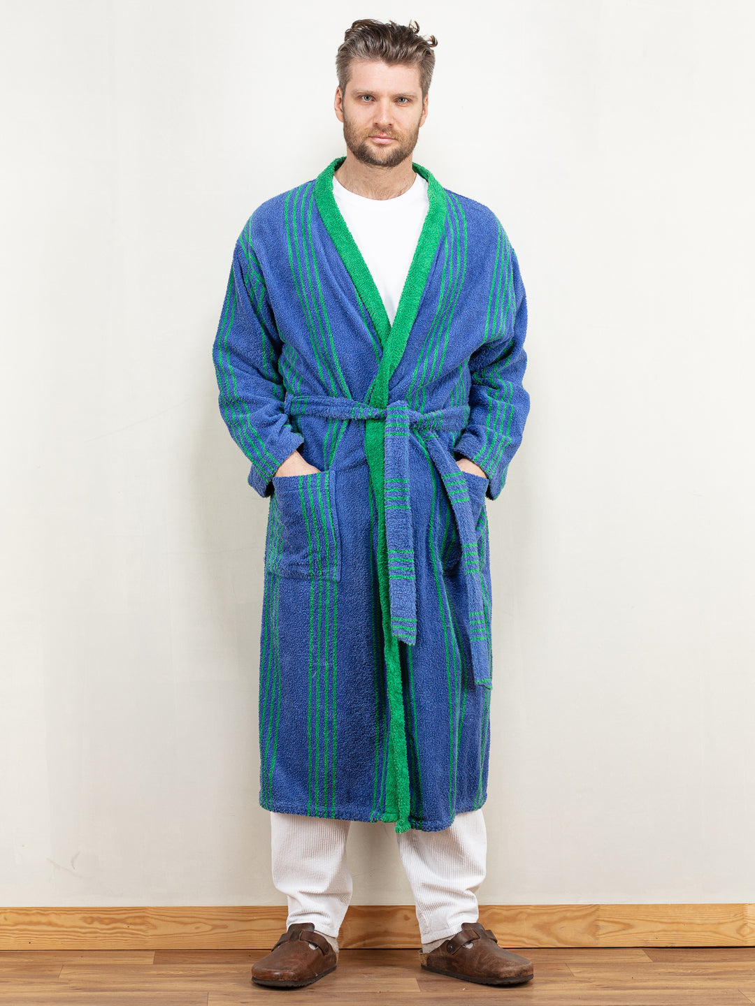 Men Bathrobe Vintage 80's morning robe dressing gown blue terry cotton wrap belted hugh hefner gift for him birthday size large