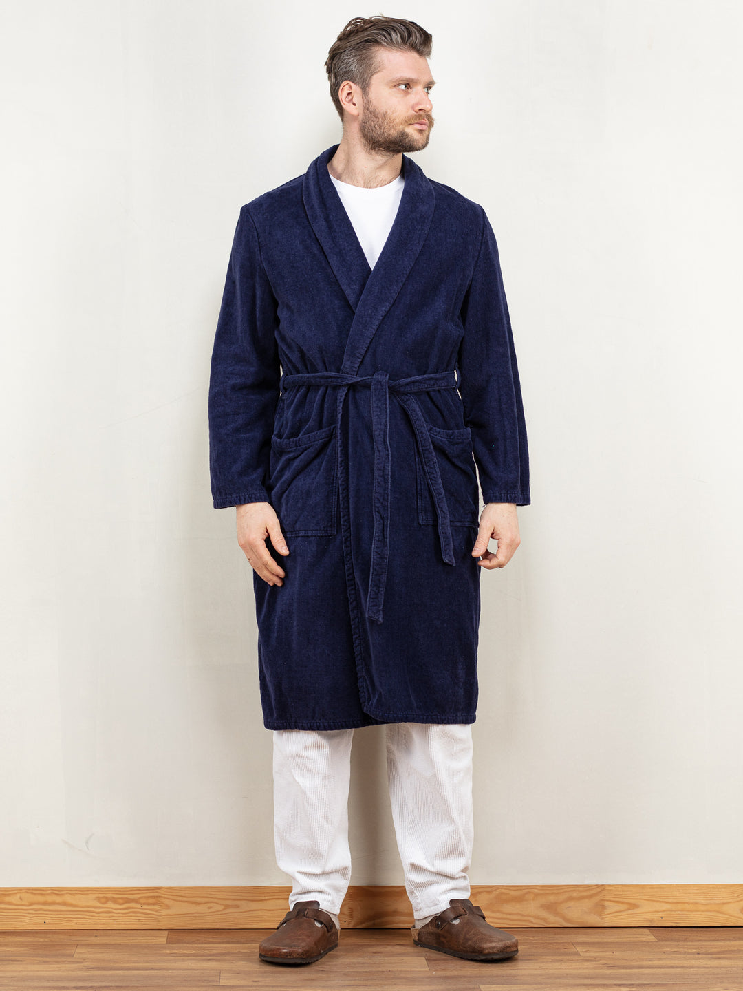 Men Dressing Gown vintage 90's morning robe bathrobe navy terry cotton wrap belted hugh hefner gift for him birthday size extra large XL