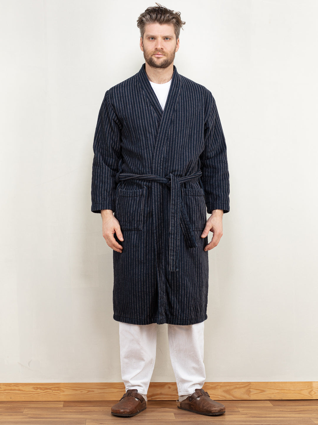 Men Dressing Gown Vintage 90's bathrobe morning robe blue terry cotton homecoat belted hugh hefner gift for him birthday size small