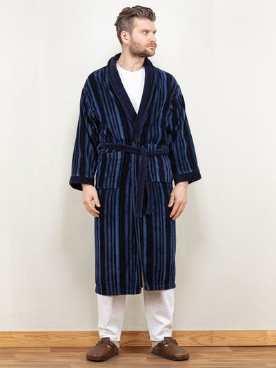 Men Bathrobe Vintage 90's dressing gown morning robe cotton terry homecoat belted hugh hefner gift for him birthday striped size medium