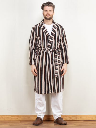 Men Bathrobe Vintage 80's dressing gown morning robe striped terry cotton homecoat belted hugh hefner gift for him birthday size medium