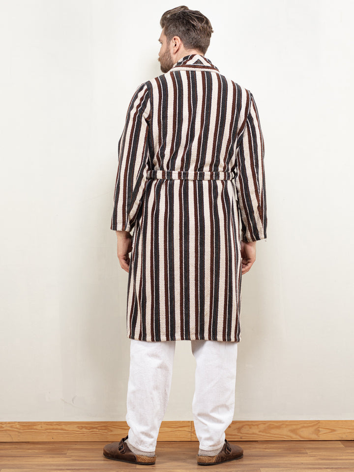 Men Bathrobe Vintage 80's dressing gown morning robe striped terry cotton homecoat belted hugh hefner gift for him birthday size medium