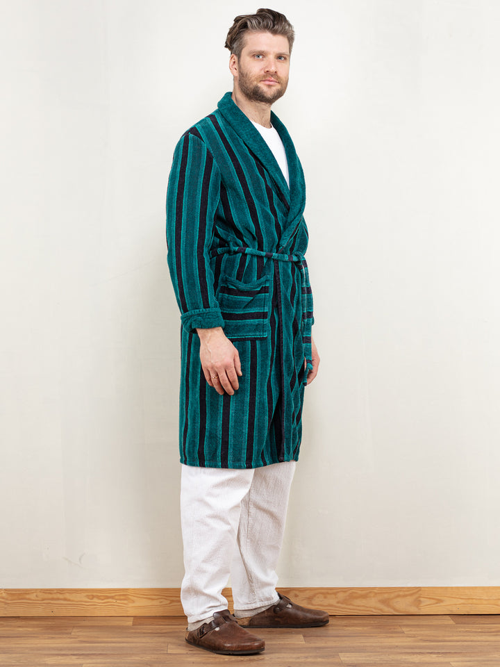Men Dressing Gown Vintage 70's bathrobe morning robe striped terry cotton homecoat belted hugh hefner gift for him birthday size large