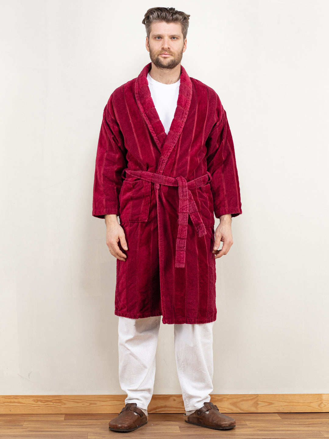 Men Dressing Gown vintage 90's morning robe bathrobe red terry cotton wrap belted hugh hefner gift for him birthday christmas size large