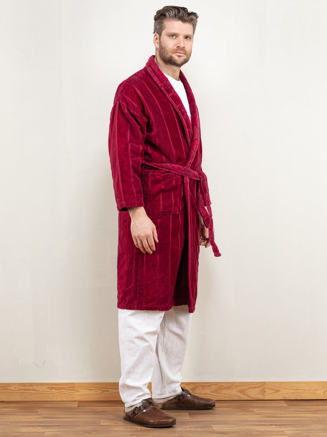 Men Dressing Gown vintage 90's morning robe bathrobe red terry cotton wrap belted hugh hefner gift for him birthday christmas size large