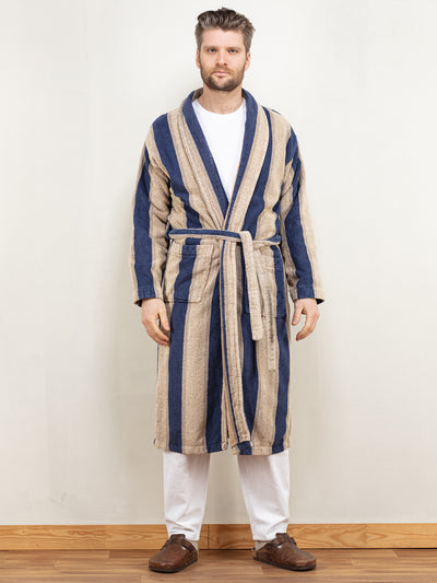 Men Dressing Gown Vintage 90's bathrobe morning robe striped terry cotton homecoat belted hugh hefner gift for him birthday size small