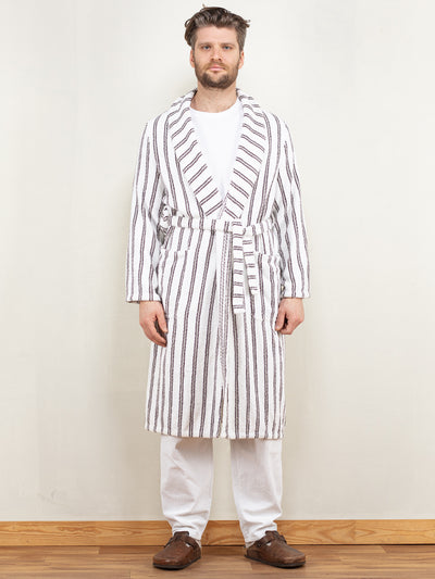 Men Dressing Gown Vintage 90's bathrobe morning robe white terry cotton homecoat belted hugh hefner gift for him birthday size medium