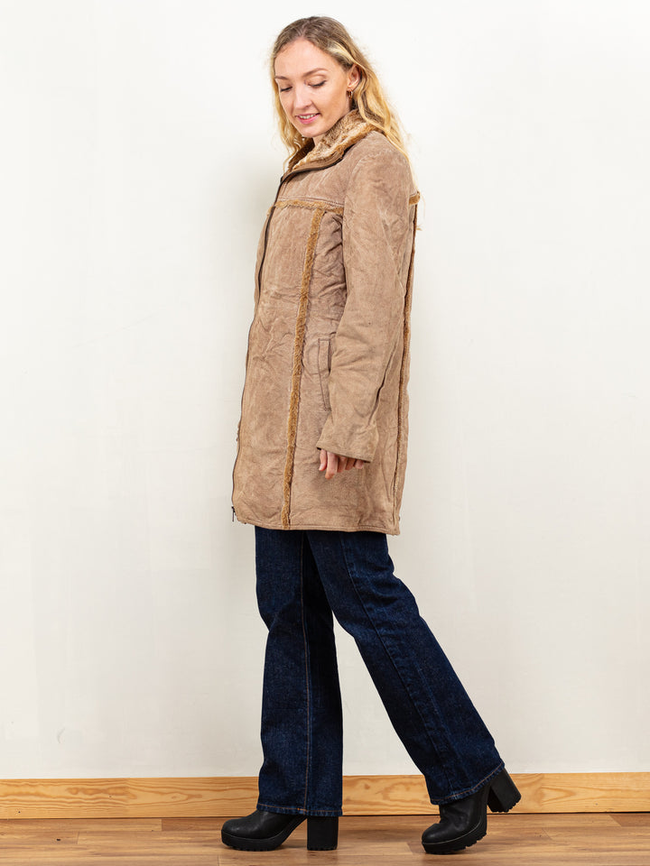 Vintage 00's Women Suede Sherpa Coat in Beige - NorthernGrip