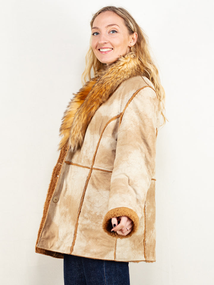 Faux Suede Coat beige vintage 90's short faux suede sherpa afghan coat warm winter overcoat comfortable everyday midi boho coat size large