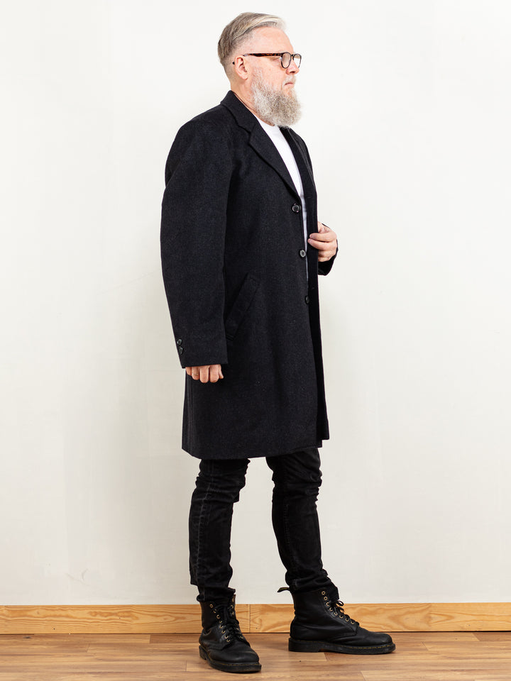 Vintage 90's Men Wool Blend Longline Coat in Black - NorthernGrip